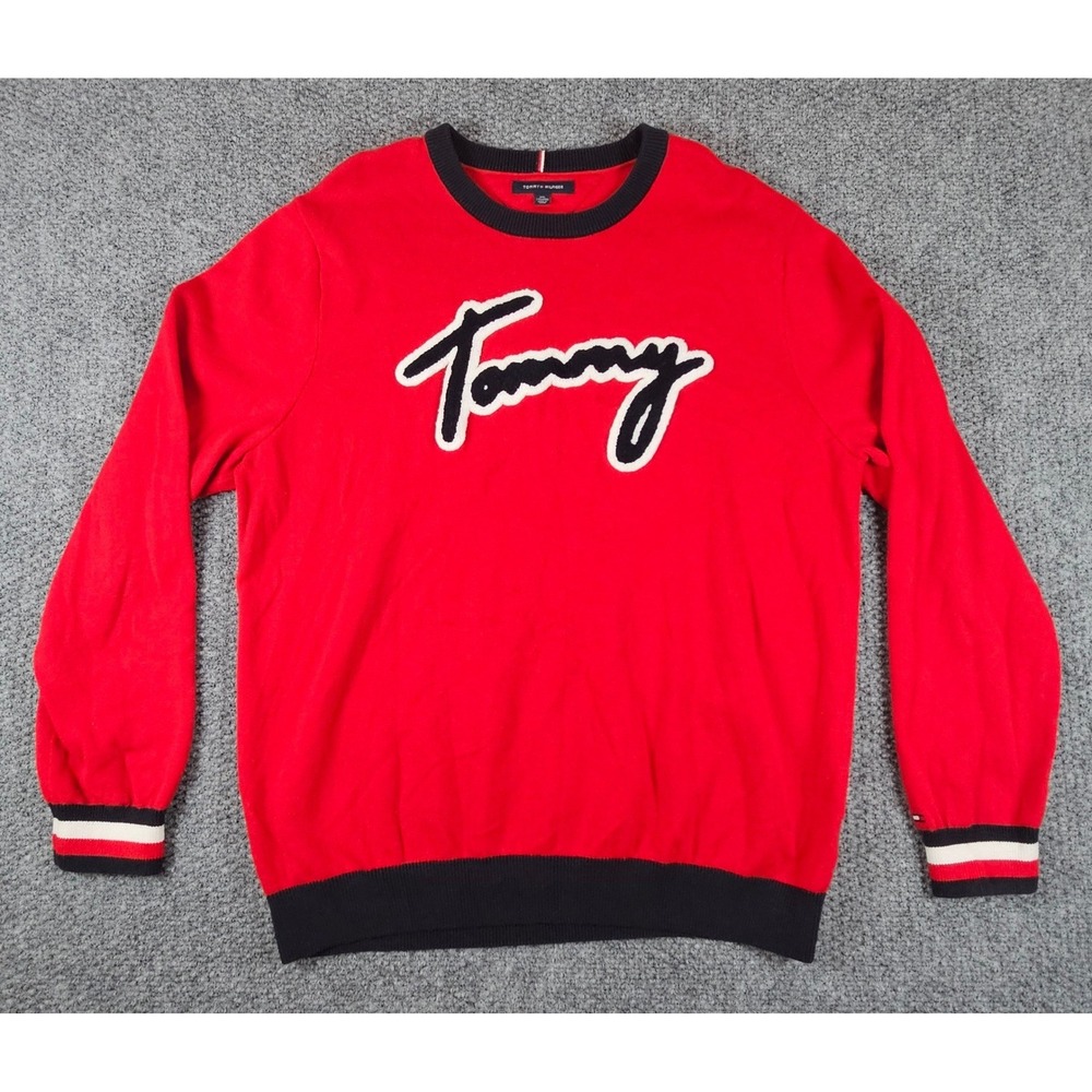 Tommy Hilfiger Mens Red Script Logo Crewneck Sweater XXL Pullover Knit Striped